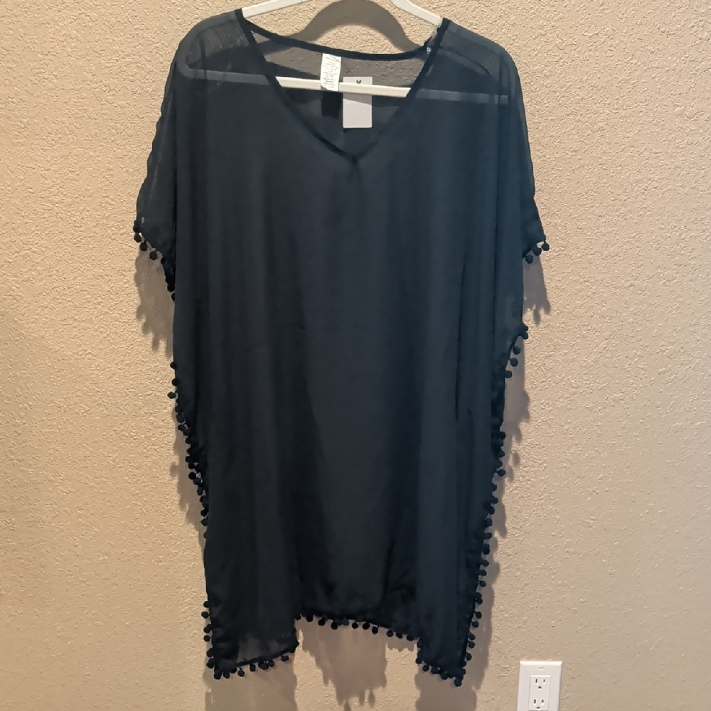 **West Loop Dark Gray Swim Coverup with Pom-Pom Detail